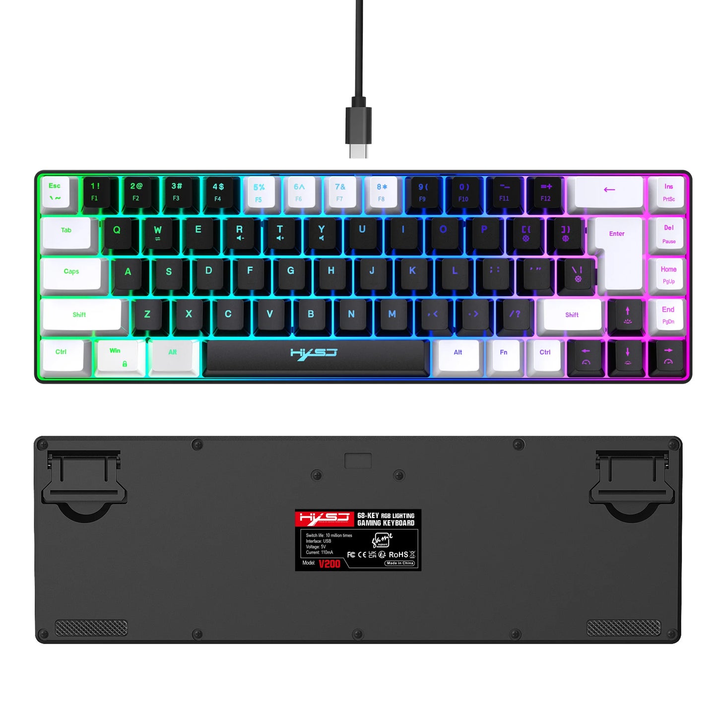 68 Keys Gaming Keyboard USB Wired Portable 20 RGB Backlight Keyboard Black and White Keycaps for Windows Laptops Computer
