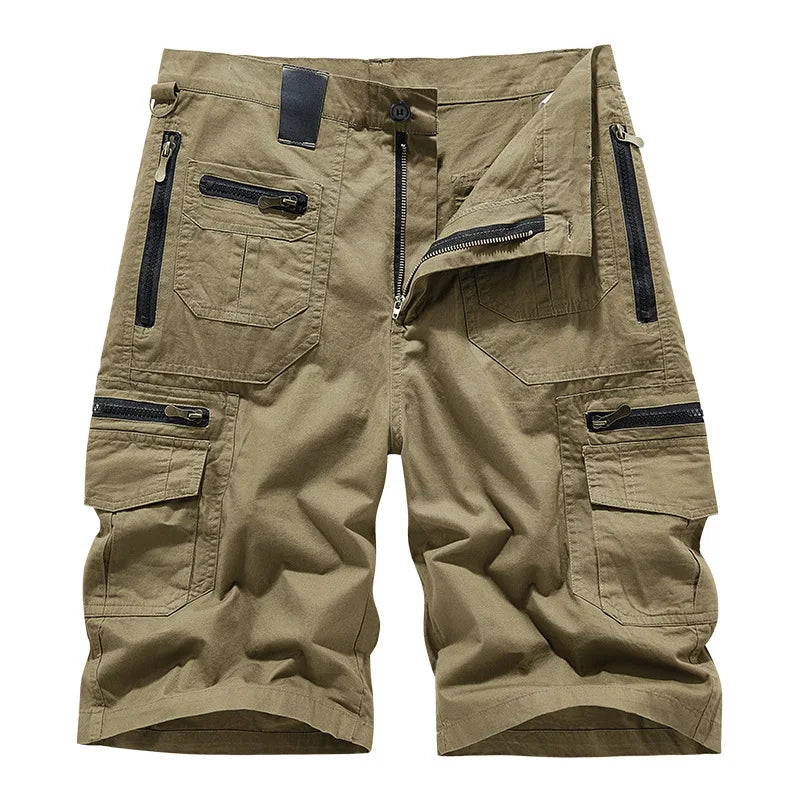 Men's Casual Shorts Summer Multi Pocket Workwear Shorts Male 100% Cotton Solid Breathable Fishing Cargo Knee Length Trousers