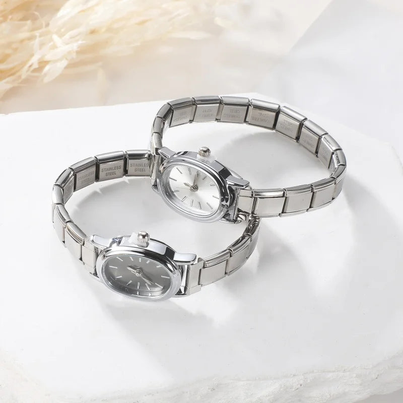 Fashion High Quality Men Women's Stainless Steel Square Round Shiny Zircon Watch Bracelet For Friend Birthday DIY Jewelry Gift