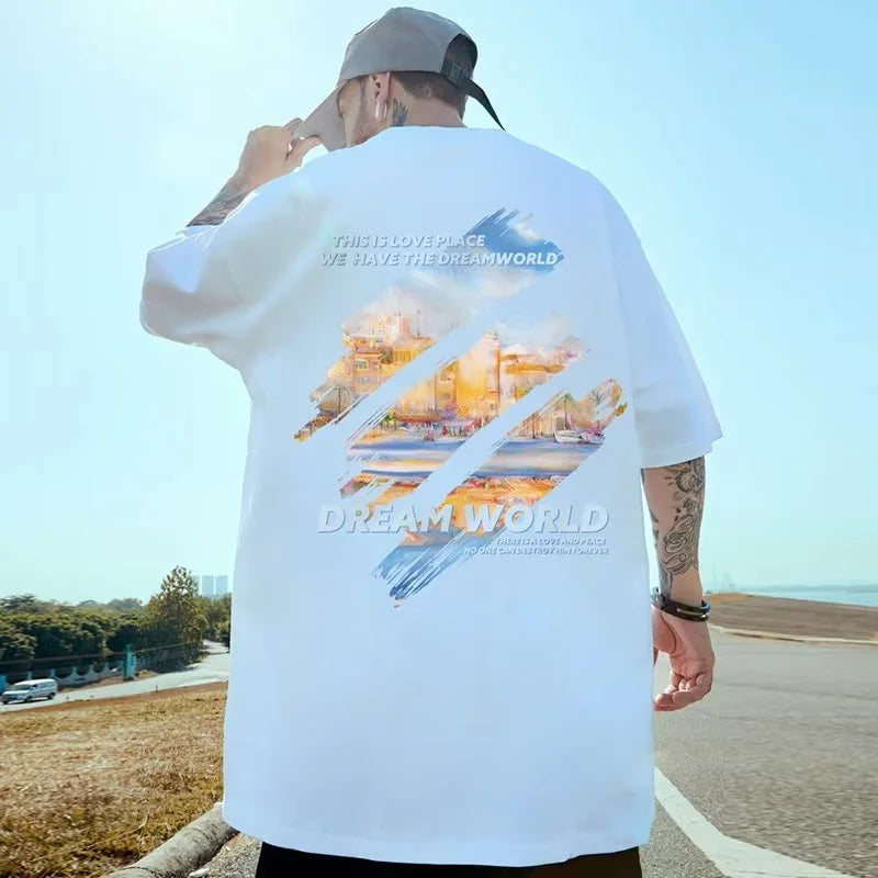 M-8XL 2026 NewPainting Print Round Neck Short Sleeve T-shirt for Men and Women Large Loose Casual Five Quarter Sleeved Top
