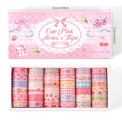 36 Rolls Pink Washi Tape Set Cute Butterfly Gingham Cherry Dessert Pattern Decorative Masking Tapes For Scrapbooking Journaling