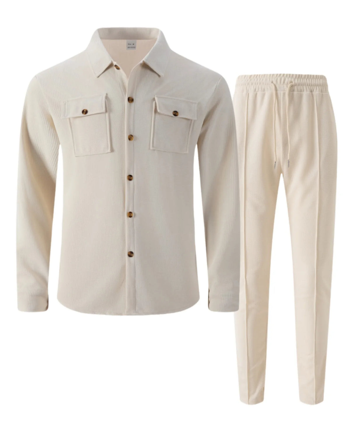New autumn style waffle long-sleeved solid-color double-pocket buttoned cardigan shirt and pants set