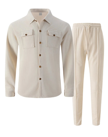 New autumn style waffle long-sleeved solid-color double-pocket buttoned cardigan shirt and pants set