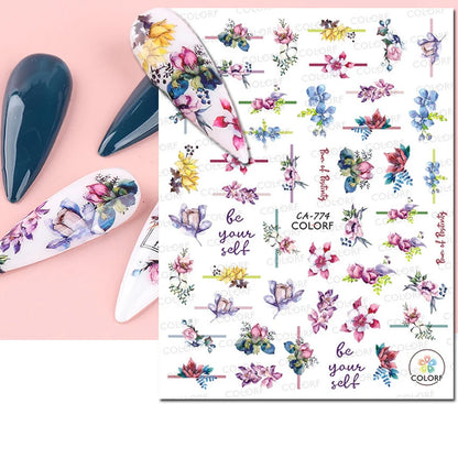 3d Nail Art Decals Watercolor Florals Purple Green Pink Flowers Leafs Fruit Adhesive Sliders Nail Stickers For Manicure