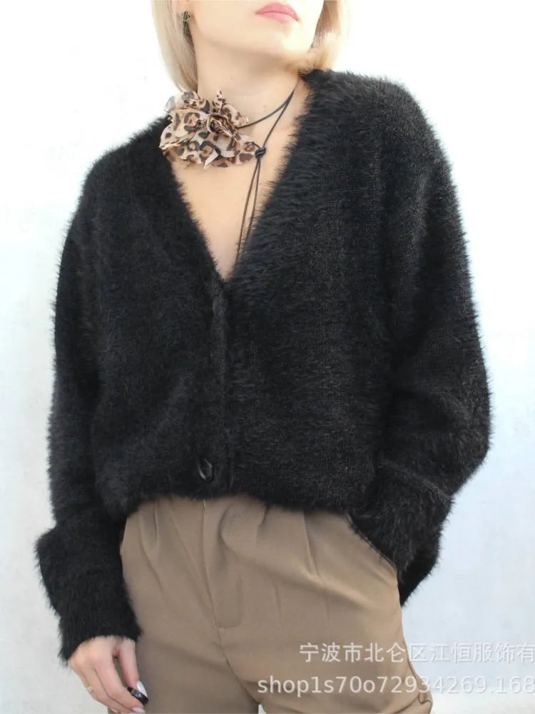 Women New Knitted Thick Cashmere Wool Cardigan Chic V Neck Single Breasted Fashion Long Sleeve Sweater Fall Winter Coat Outwear