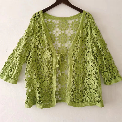Elegant Summer Hollow Lace Cardigan Sweater Women Wide Loose Floral Knitted Sweater Thin Section Female Spring Autumn Cardigan