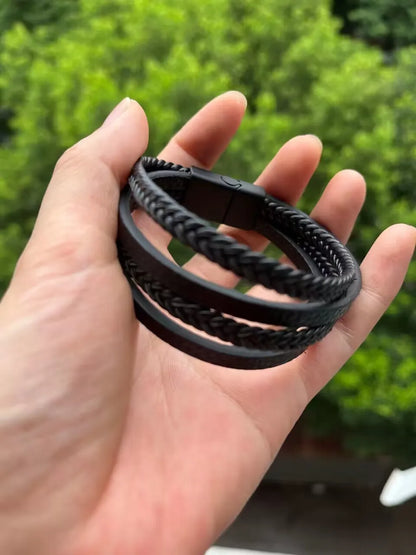 21cm Trendy Leather Bracelets Men Stainless Steel Multilayer Braided Rope Bracelets For Male Bracelets Jewelry