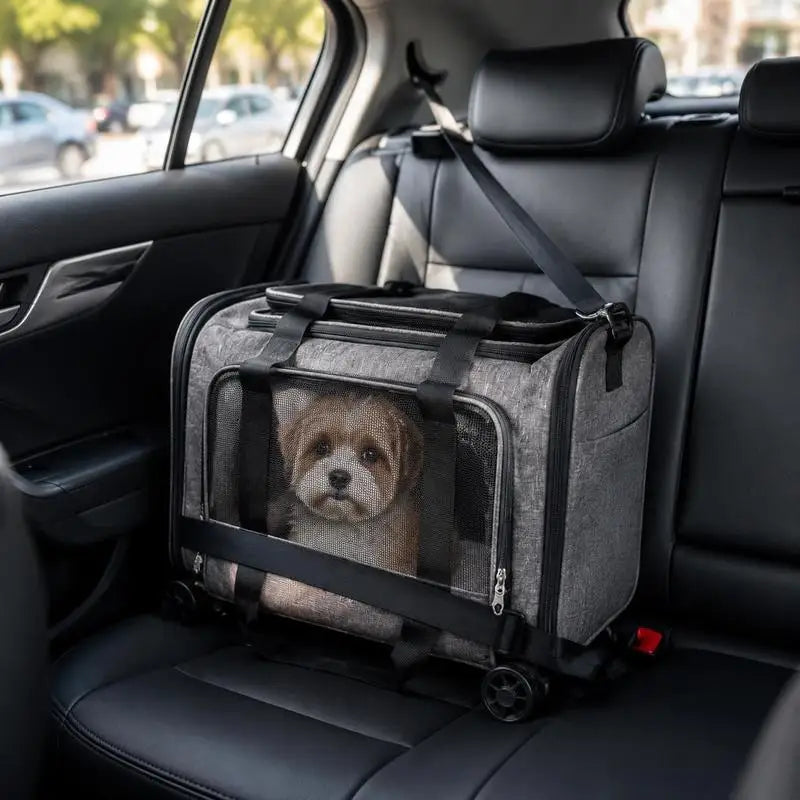 Foldable Pet Carrier With Wheels, 600D Oxford Fabric, Large Storage Pocket, For Car Travel And Hiking, Supports 11.3kg, Black