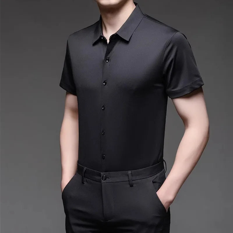 High Quality Dress Shirts For Men Business Casual Seamless Wrinkle Resistant Button Soft Elastic Luxurious Male White Clothing