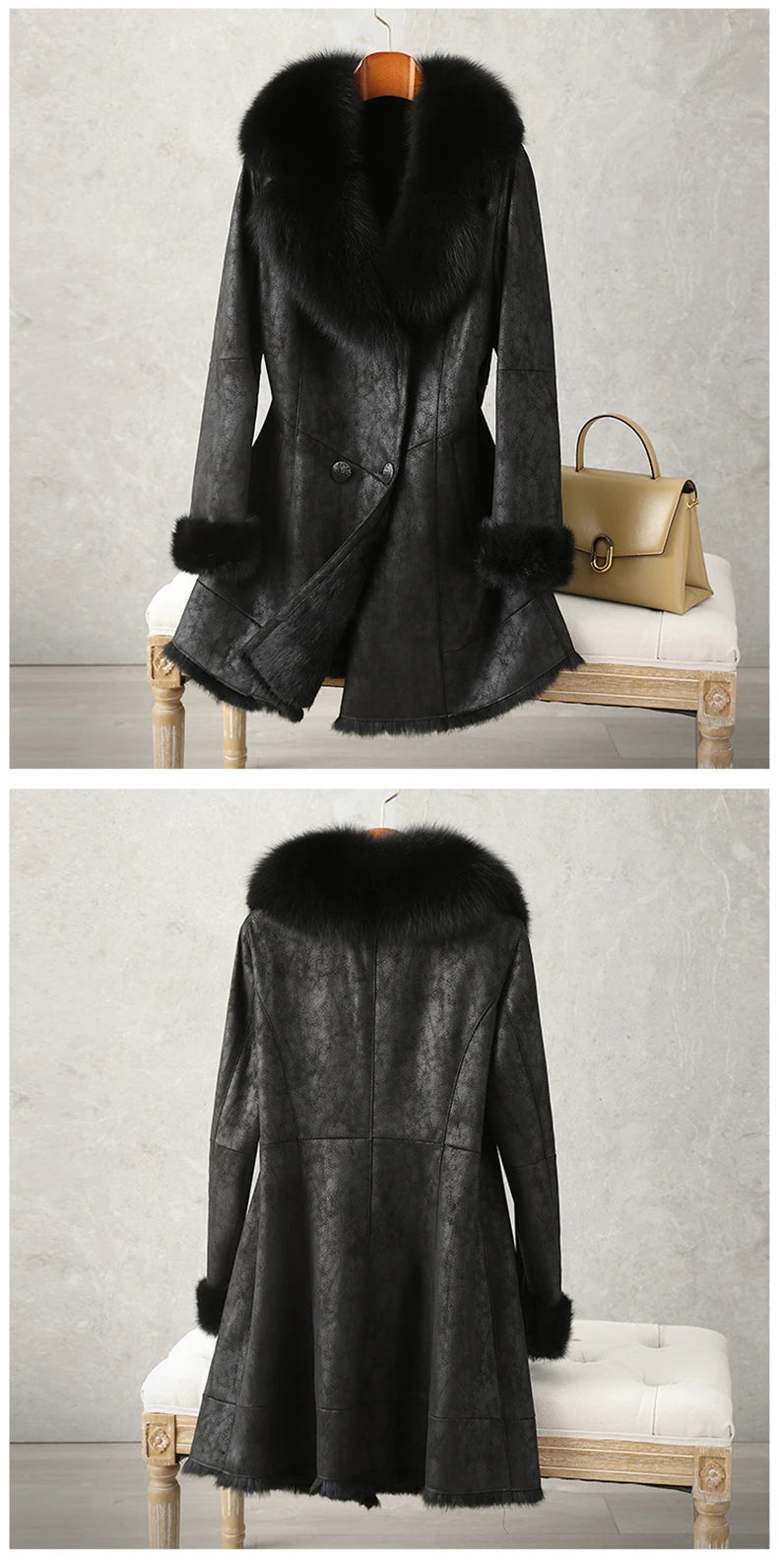 Aorice Women Real Rabbit Leather With Fur Coat Jacket Brand New Female Winter Fox Collar Trench Parka CT189
