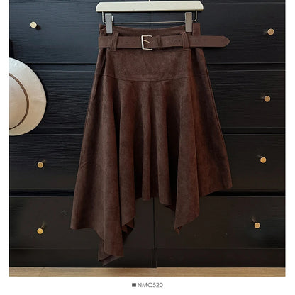 French Fashion Y2K Vintage Harajuku Suede Skirts Women Slim Fit Irregular High Waist A-Line Skirts Casual Elegant Pleated Skirts