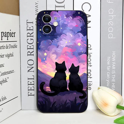 Artistic Black Cat Starry Night Phone Case For iPhone 17 16 15 14 13 12 Pro Max Mini 7 8 SE Plus Couple Cover Soft Shell Fundas