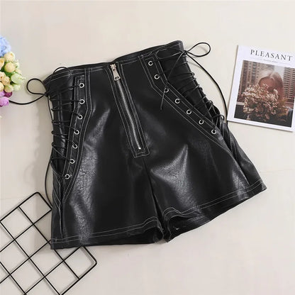 Autumn Women PU Shorts Tie High Waist Shorts Female Casual Black Shorts Ladies All Match Wide leg Shorts Short Pants