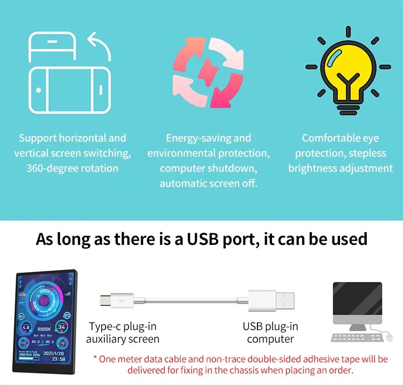 3.5 / 5 Inch IPS Type-C Secondary Screen Mini Computer USB Display CPU GPU RAM HDD Monitor with Holder Metal Case No Use AIDA64