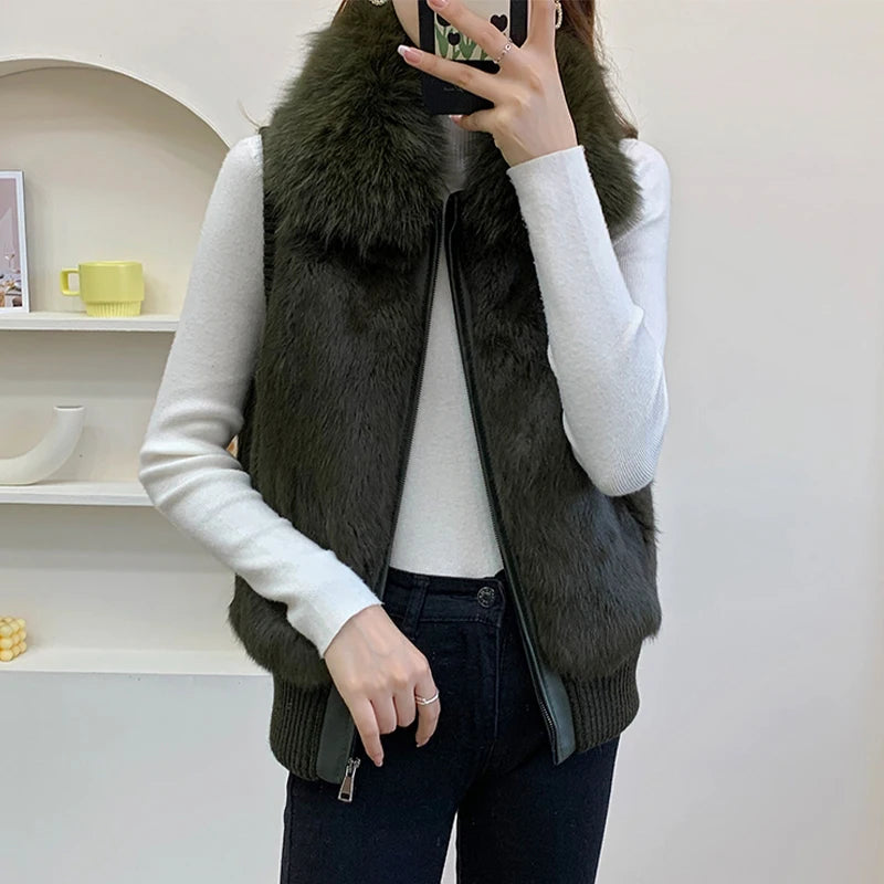 Women's Genuine Real Rabbit Fur Vest Coat Knitting Winter Fox Fur Collar Fur Jacket Casual Short Outwear Slim with Zipper