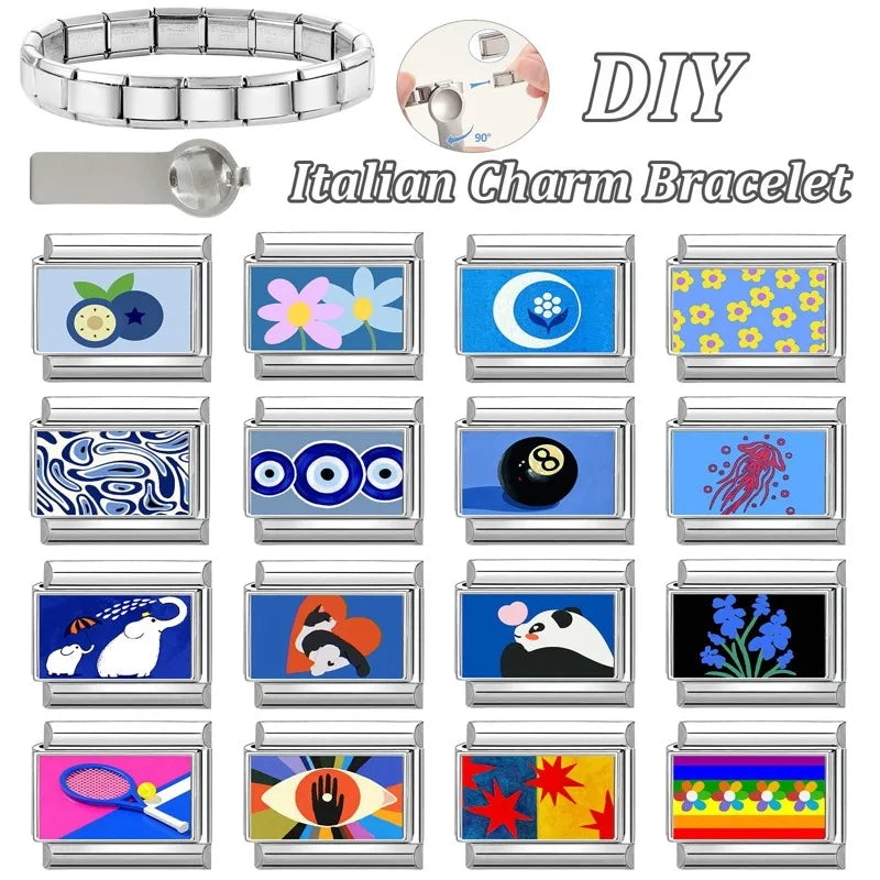 Fashion Blue NO.8 Ball Panda Elephant Cat Flower Italian Charms Fit 9mm Stainless Steel Women Fashion Bracelet DIY Jewelry Gifts