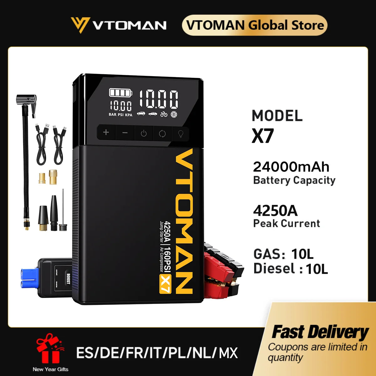VTOMAN X7 4-in-1 Car Jump Starter 4250A - 160 PSI Air Compressor, 12V Car Battery Booster & Portable Power Bank