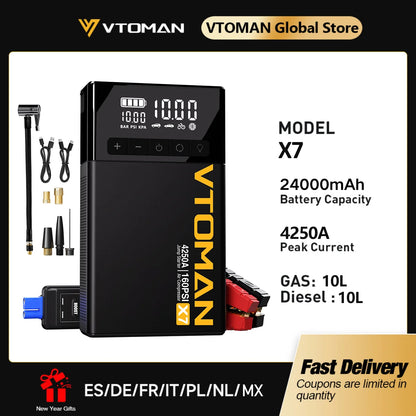 VTOMAN X7 4-in-1 Car Jump Starter 4250A - 160 PSI Air Compressor, 12V Car Battery Booster & Portable Power Bank