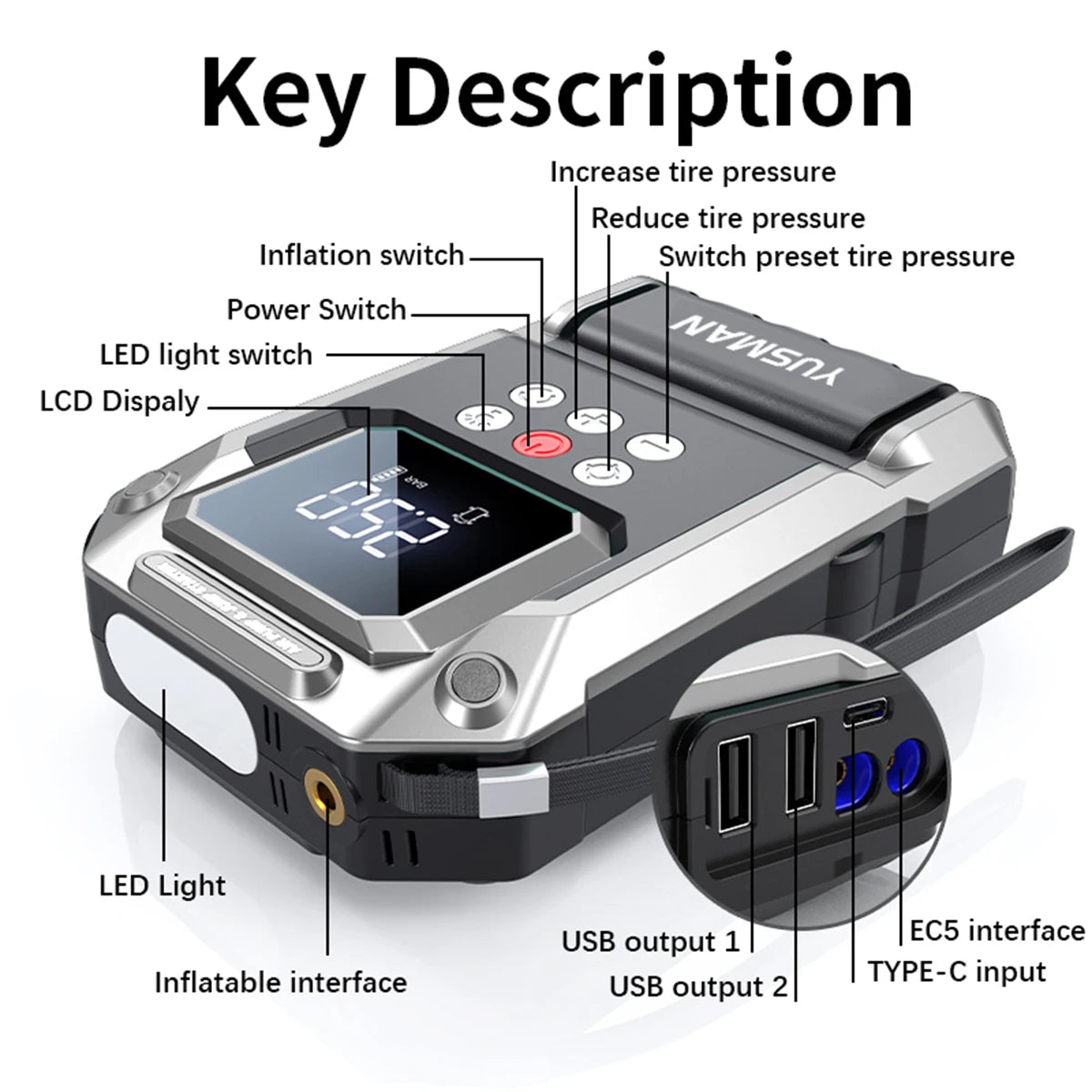 Car Battery Jump Starter with Air Compressor, 12V 1000A/1500A PEAK 26800mah Portable Car Jump Starter with 150 PSI Inflator (for ALL Petrol or 10L Diesel), Emergency LED Flashlight