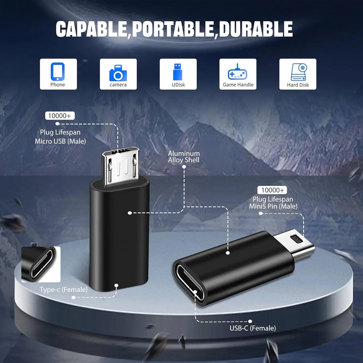 4 Pack USB C Adapter, 2 USB C Female to Micro USB Male Connector, 2 USB C to Mini 5-Pin USB Male Adapter
