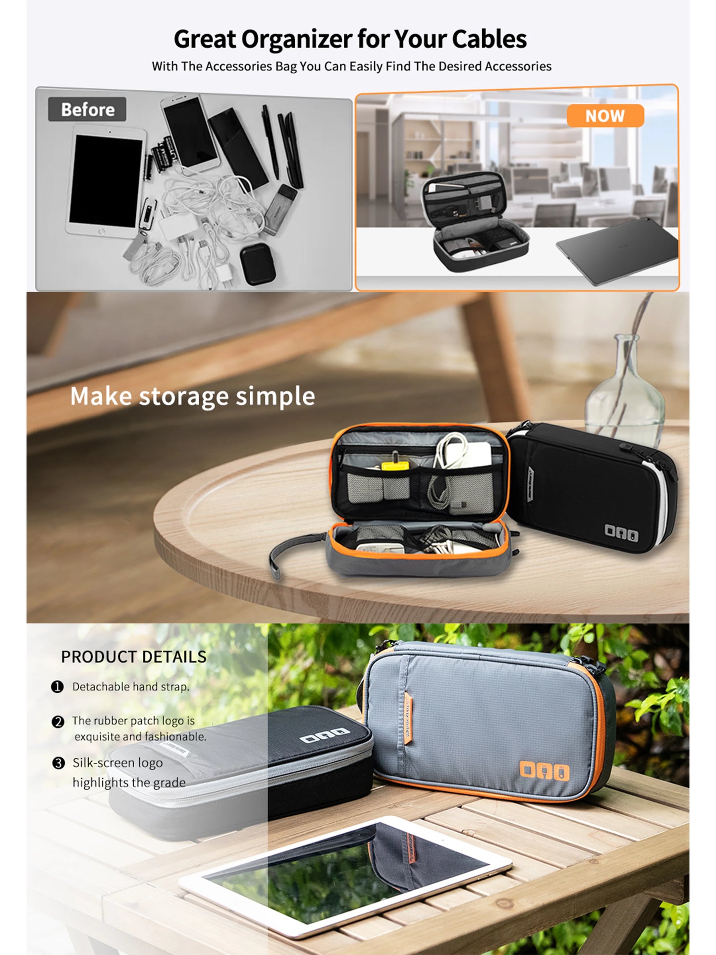 Travel Cable Organizer Bag Storage Pouch Carry Case Portable Waterproof Storage Bags for USB  Charger Cable Cord and Electronics