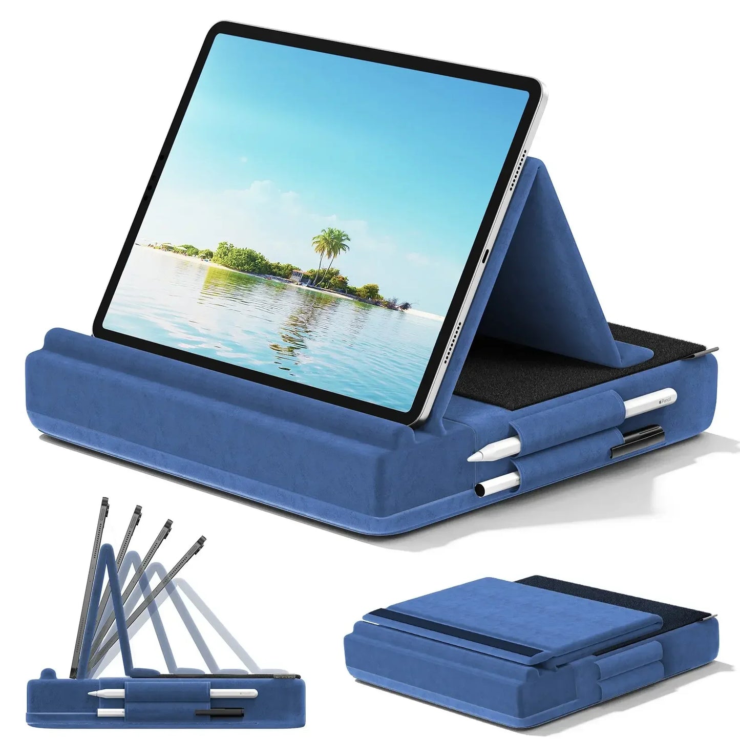 Upgraded Tablet Pillow Stand Multi-Angle Viewing Ipad Holder for Lap Bed and Desk Foldable Soft Pad Dock with Stylus Mount