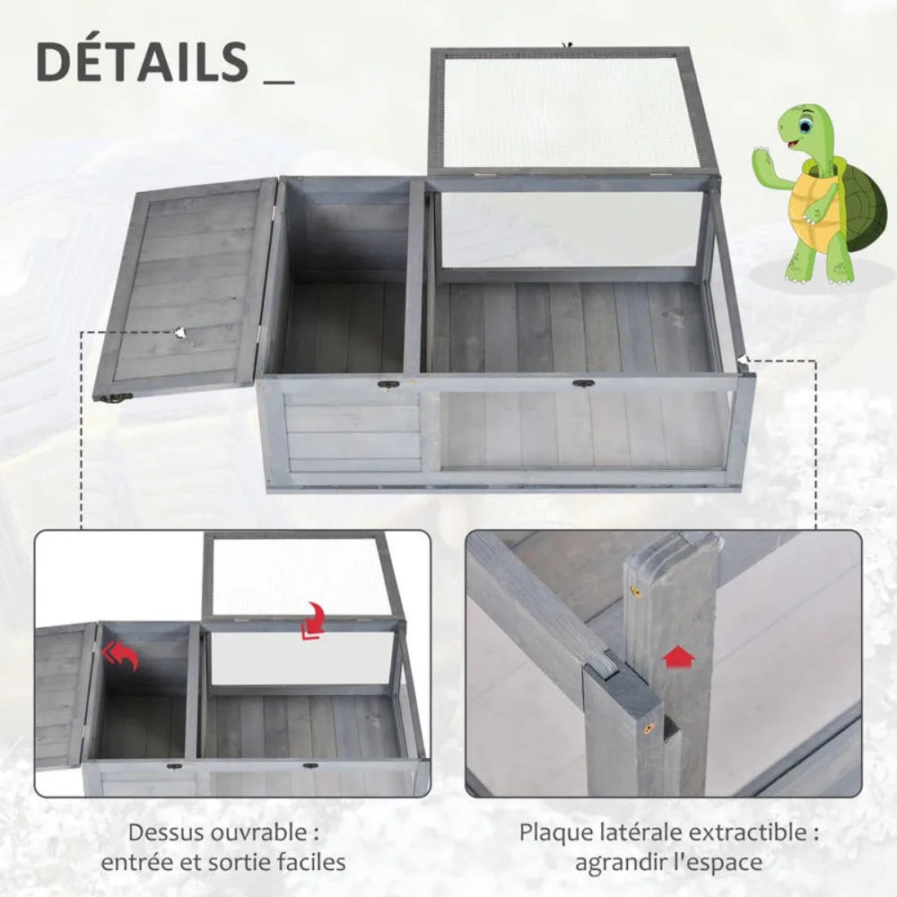 Enclosed House Cage Habitat for Small Animals Turtles with 2 Spaces 91 X 60.5 X 32 cm Solid Wood Gray