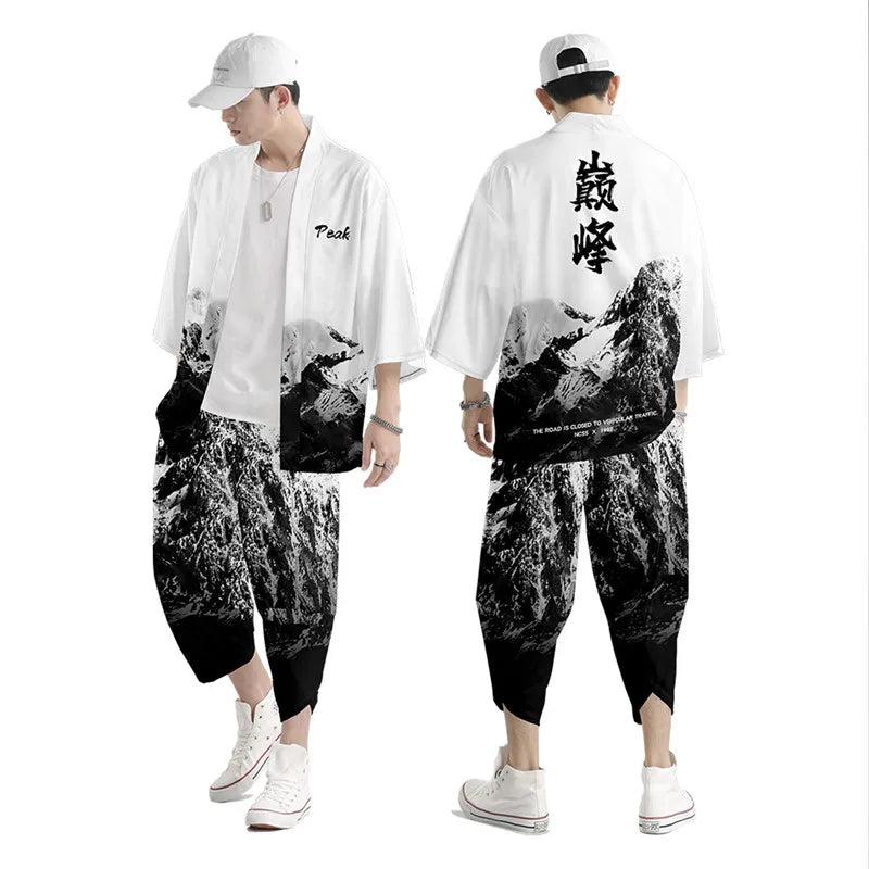 Large Size 5XL 6XL Japanese Kimono Cardigan Pants Set Print Fox Men Women Shirt Tradition Yukata Haori Obi Cosplay Costume