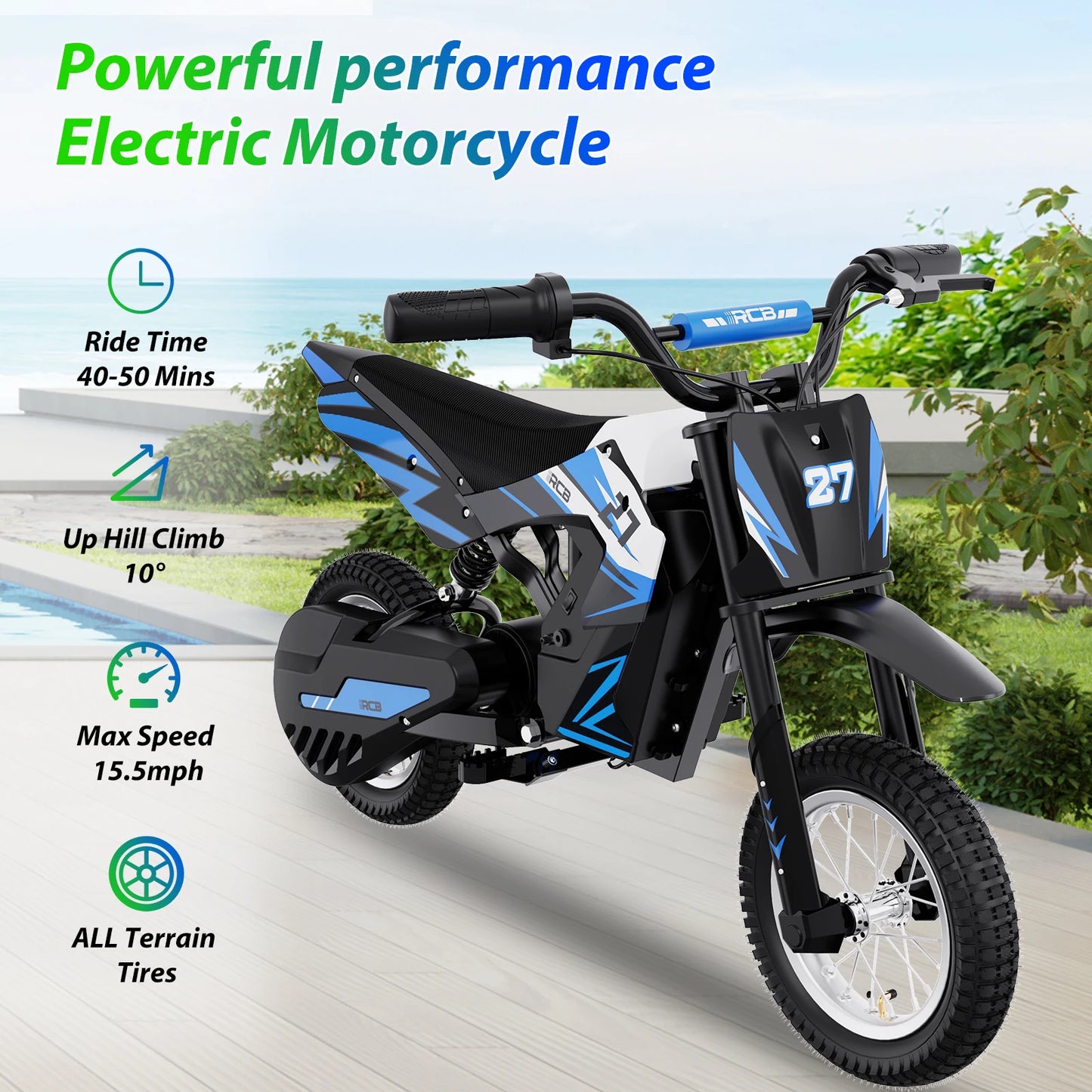 RCB KIDS R9X electric Motorbike child 300W, 36V 5.2Ah,15,5 MPH, 9,3 miles. Secure vehicle, perfect gift for children 3-12