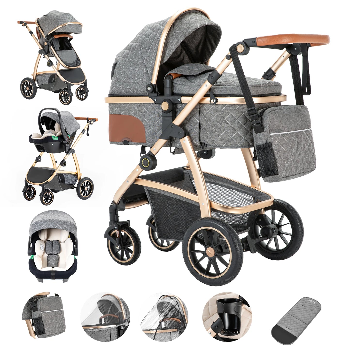 Baby Stroller 3 in 1 Easy Folding Multifunctional Stroller Travel Portable Baby Carriage Safety Seat EU Standard Aluminum Frame