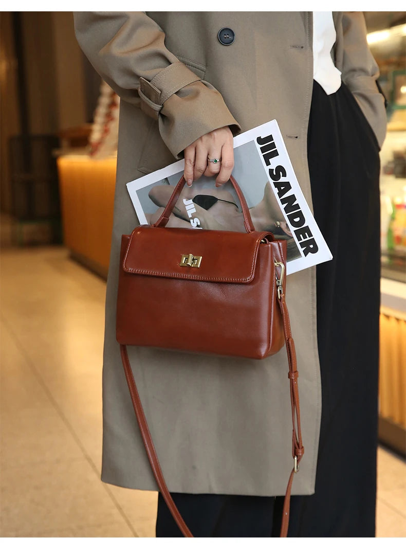 Genuine Leather Top Handle Crossbody Bag for Women Vintage Oil Wax Leather Shoulder Bag Small Luxury Designer Satchel Handbag