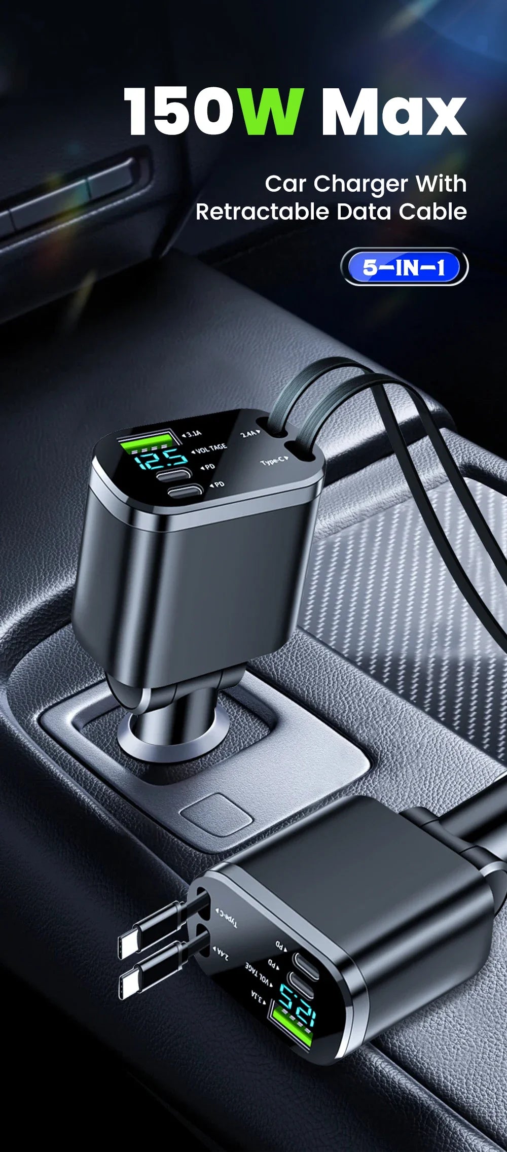 5 in 1 150W Car Charger Voltage Display PD30W Super Fast Charging 22.5W With Retractable Cable For IPhone Xiaomi Samsung