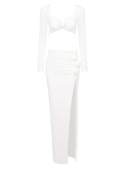 Sexy Long Sleeves Crop Top + High Split Skirt Two Piece Set Women 3D Flower Details Slim Suits Celebrity Cocktail Party Set Gown