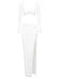 Sexy Long Sleeves Crop Top + High Split Skirt Two Piece Set Women 3D Flower Details Slim Suits Celebrity Cocktail Party Set Gown