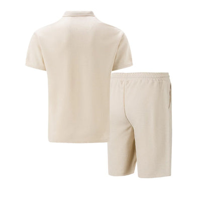 2026 Men Europe and the United States new summer Waffle solid color zip-up lapel short-sleeve suit shorts two sets