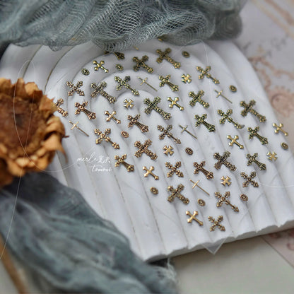 Gold Silver Metal Nail Stickers Dark Retro High-end Cross Nail Art Accessories Sticker Back Blue Nails 3D Decorations Decals DIY