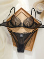 French Style Sexy Embroidered Transparent Underwear Set V-Neck Design Anti-Sagging Breathable Bra And Panties Ensemble Black