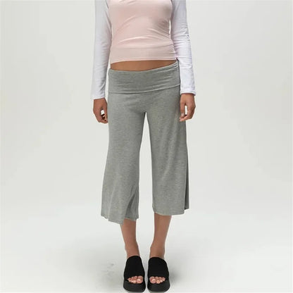 Women Fold Over Waist Gaucho Pants Low Rise Cropped Wide Leg Capri Pants Summer Foldover Culottes Yoga Pants Pajama Bottoms