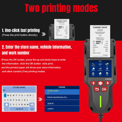 KONNWEI KW700 12/24V Car Truck Battery Tester 10-2000CCA With Printer Cranking Charging Test Tool Battery Analyzer Cranking Test