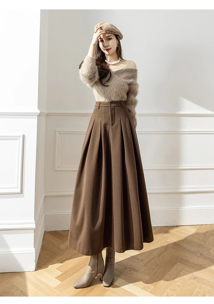 Vintage Winter Woolen Long Skirts For Women Streetwear High Waist Pleated Maxi Skirt Big Swing Folds A-Line Jupe Longues Femme