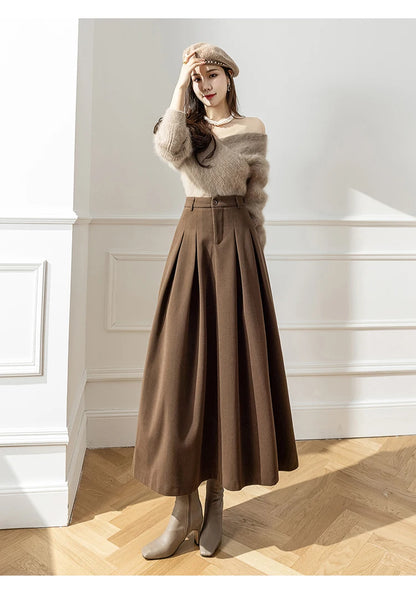 Vintage Winter Woolen Long Skirts For Women Streetwear High Waist Pleated Maxi Skirt Big Swing Folds A-Line Jupe Longues Femme