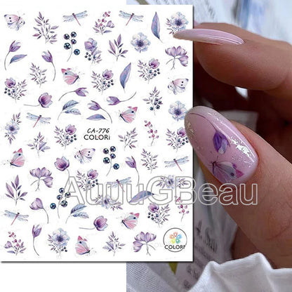3d Nails Art Decals Spring Fruits Pink Full Tips Peony Magnolia Flowers Adhesive Sliders Stickers Decoration For Nails Manicure