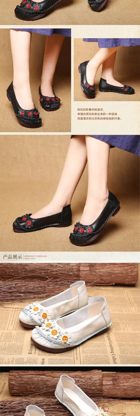 Vintage Flower Moccasins Woman Genuine Leather Ballet Flats Ladies Hollow Slip Ons Women's Luxury Loafer Purple Walking Shoes 42