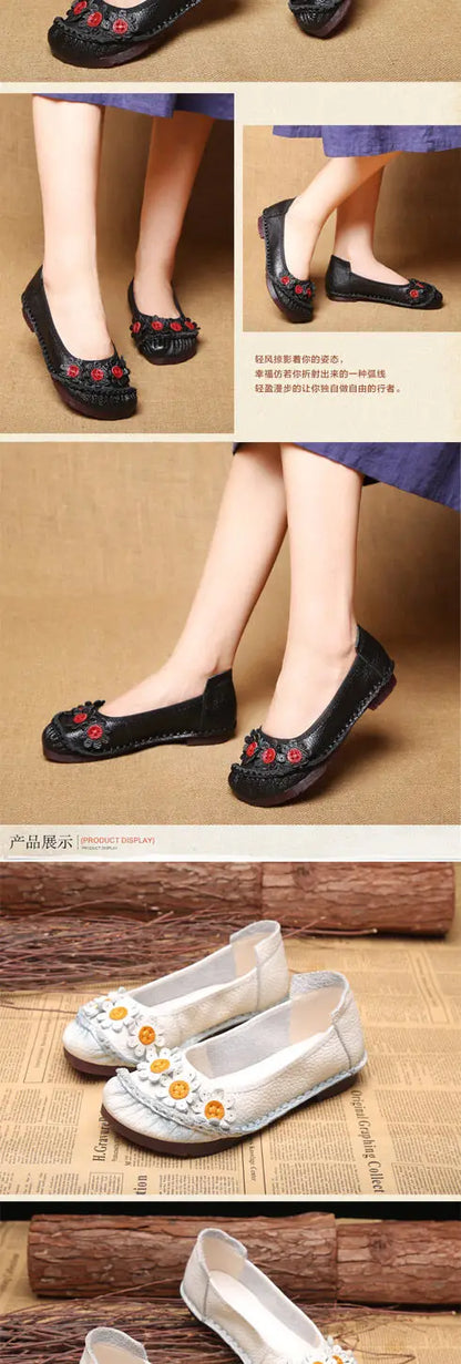 Vintage Flower Moccasins Woman Genuine Leather Ballet Flats Ladies Hollow Slip Ons Women's Luxury Loafer Purple Walking Shoes 42