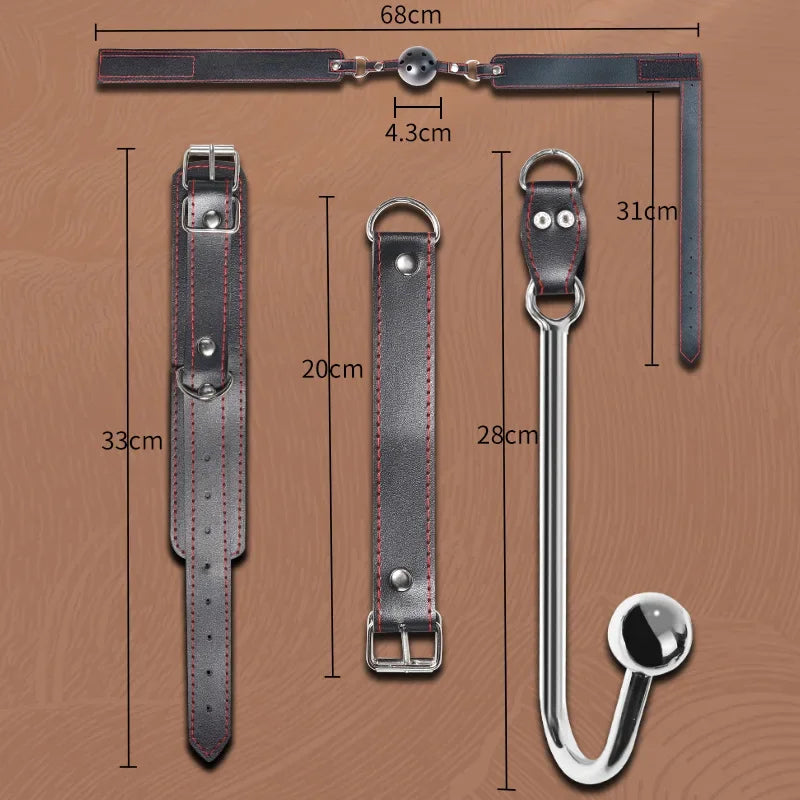 Sexual Bondage Restraint Kit BDSM Leather Thigh Sling Breast Belt Rear Handcuffs Spread Legs Slave Fetish Anal Hooks Fetish