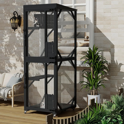 Garvee Black Walk-In Large Wooden Outdoor Catio Enclosure with 4 Lockable Rolling Wheels, Weatherproof Patio Cat House with Independent Rest Box, Spacious Garden Yard Cat Kennel for Multiple Cats