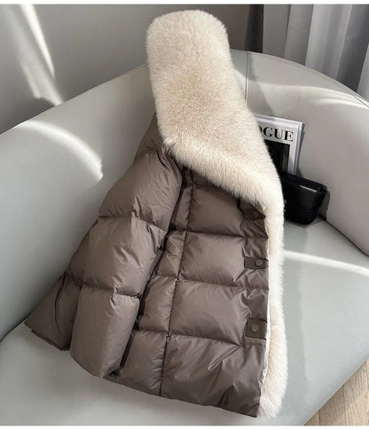 High end Faux Fox fur detachable Large Lapel fur Down Jacket For women 2025 Winter New Medium long Loose White goose Down Coats