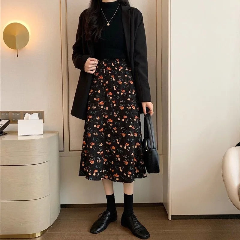 Women Floral Corduroy Midi Skirt High Waist A Line Printed Swing Long Skirt For Spring Autumn