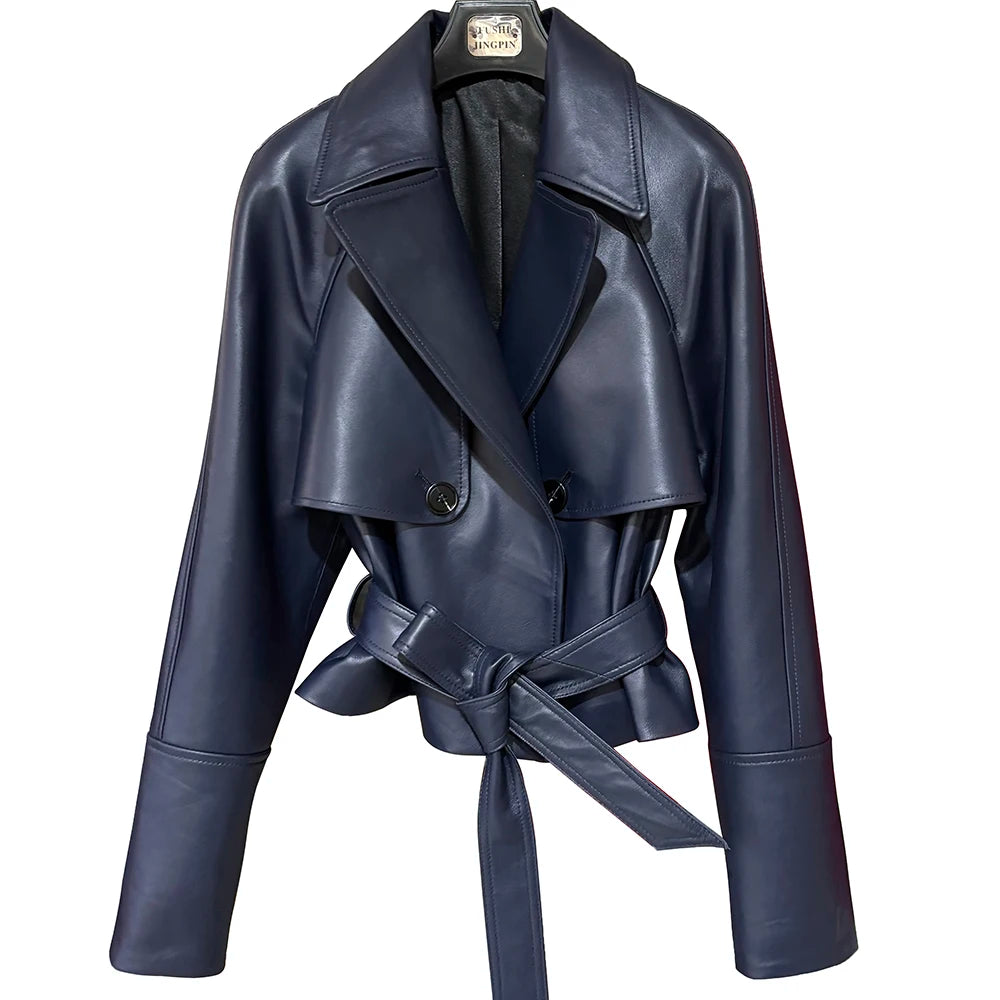 YOLOAgain Vintage Grain Leather Jacket Women Real Leather Sheepskin Jacket With Belt