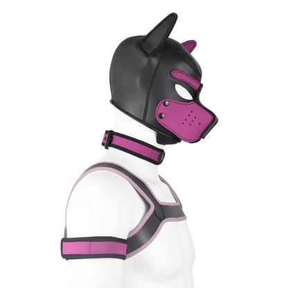 Large Size Puppy Cosplay Neoprene Fetish Hood Mask Kit with Chest Strap Collar Armband Sex Costumes for Bdsm Slave Role Play